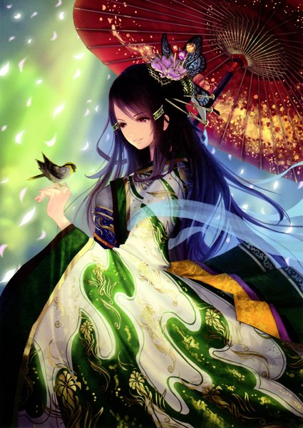 Anime picture 3294x4654 with shingeki no bahamut tachikawa mushimaro (bimo) single long hair tall image highres black hair brown eyes absurdres traditional clothes japanese clothes hair flower scan bird on hand girl hair ornament flower (flowers) animal petals kimono