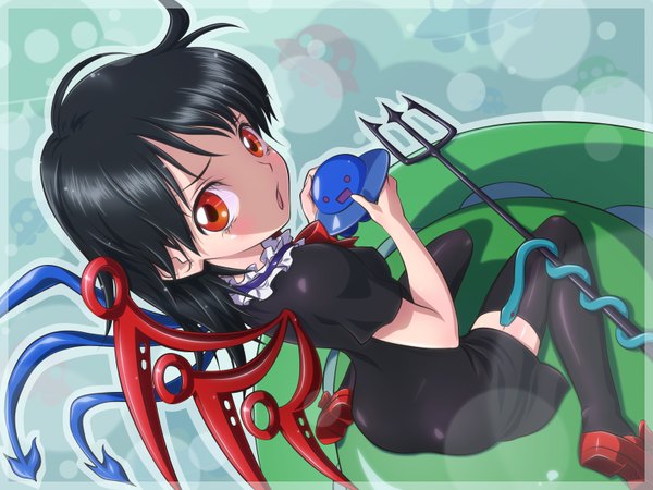 Anime picture 1600x1200 with touhou houjuu nue ah-negitorow single looking at viewer short hair open mouth black hair red eyes sitting from above girl thighhighs dress black thighhighs wings black dress trident spacecraft ufo