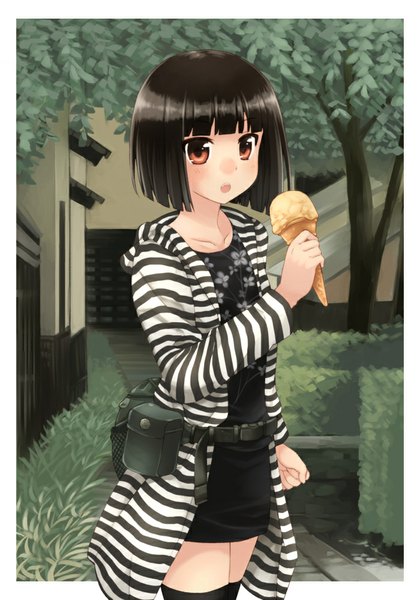 Anime picture 700x1000 with original fukube tamaki kouno hikaru single tall image looking at viewer blush short hair open mouth black hair red eyes girl plant (plants) tree (trees) food sweets ice cream