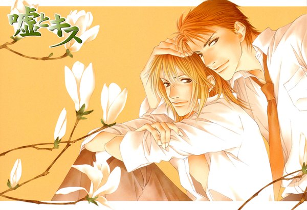 Anime picture 1424x980 with uso to kiss minase masara long hair looking at viewer fringe short hair blonde hair hair between eyes brown eyes multiple boys open shirt copyright name open collar shounen ai hand on another's head boy flower (flowers) shirt necktie 2 boys