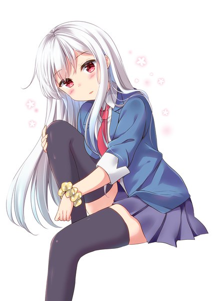Anime picture 831x1164 with original yoshikita popuri single long hair tall image looking at viewer blush fringe simple background red eyes white background sitting bent knee (knees) white hair head tilt pleated skirt wrist scrunchie girl thighhighs skirt