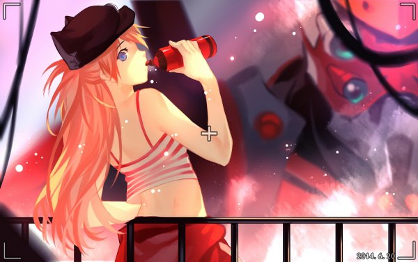 Anime picture 1200x753 with neon genesis evangelion gainax soryu asuka langley joseph lee single long hair looking at viewer blush blue eyes bare shoulders looking back orange hair turning head drinking girl hat drink