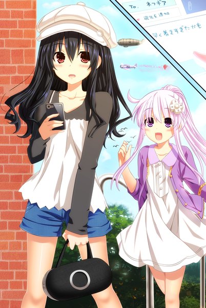 Anime picture 2800x4175 with choujigen game neptune nepgear uni (choujigen game neptune) ironizer long hair tall image blush highres open mouth black hair smile multiple girls pink hair sky cloud (clouds) ponytail pink eyes orange eyes coloring girl