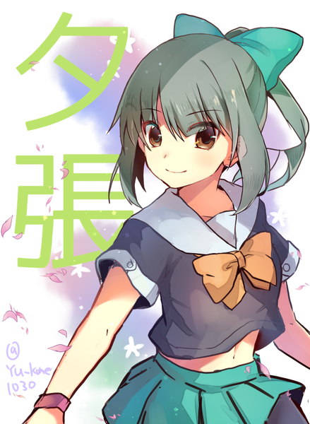 Anime picture 630x861 with kantai collection yuubari light cruiser yuukome (tekunon) single long hair tall image fringe smile brown eyes signed payot looking away ponytail grey hair bare belly character names girl skirt uniform bow
