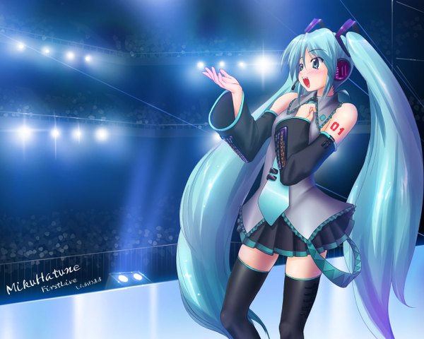Anime picture 1280x1024 with vocaloid hatsune miku tagme (artist) single blush open mouth twintails looking away very long hair :d pleated skirt aqua eyes aqua hair zettai ryouiki hand on chest singing girl thighhighs skirt black thighhighs