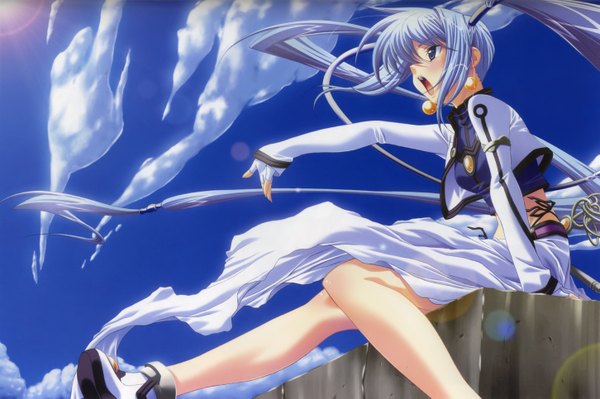 Anime picture 1451x965 with original open mouth blue eyes twintails blue hair sky cloud (clouds) very long hair singing girl