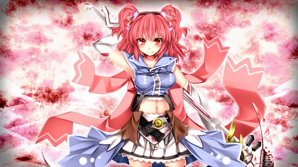 Anime picture 2133x1200 with touhou onozuka komachi kazetto (kazetsuto) single long hair looking at viewer blush highres smile red eyes wide image pink hair two side up girl dress skirt gloves navel weapon elbow gloves