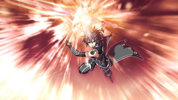 Anime picture 1280x720 with 1/7 no mahoutsukai ichijou yuuji tel-o single looking at viewer short hair open mouth blue eyes black hair wide image game cg magic boy gloves weapon fingerless gloves suit huge weapon huge sword
