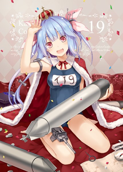 Anime picture 623x870 with kantai collection i-19 submarine 6u (eternal land) single long hair tall image looking at viewer fringe breasts open mouth sitting blue hair pink eyes barefoot bare legs two side up legs happy girl swimsuit