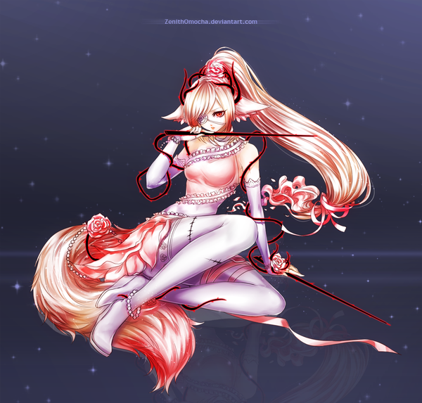 Anime picture 1050x1004 with zenithomocha single long hair looking at viewer fringe red eyes sitting bare shoulders animal ears pink hair bent knee (knees) ponytail tail animal tail hair flower fox ears fox tail reflection purple background girl