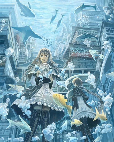 Anime picture 918x1147 with original bounin long hair tall image looking at viewer open mouth brown hair multiple girls braid (braids) black eyes city single braid underwater girl 2 girls animal building (buildings) thigh boots bubble (bubbles) fish (fishes)