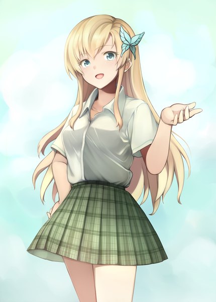 Anime picture 1000x1396 with boku wa tomodachi ga sukunai kashiwazaki sena jas (annkoromochi) single long hair tall image looking at viewer open mouth blue eyes blonde hair girl skirt uniform hair ornament school uniform insect butterfly butterfly hair ornament green skirt