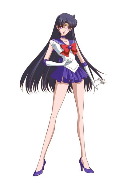 Anime picture 730x1095 with bishoujo senshi sailor moon toei animation hino rei sailor mars single long hair tall image looking at viewer simple background smile standing white background purple eyes purple hair pleated skirt alternate color girl skirt gloves bow