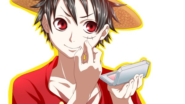 Anime picture 1280x720 with one piece toei animation monkey d. luffy komomo1214 single short hair black hair simple background smile red eyes wide image white background looking away scar boy hat straw hat