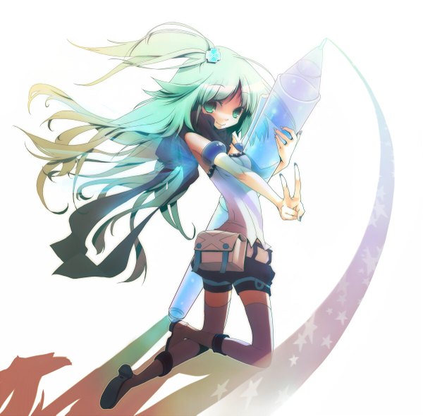 Anime picture 1200x1181 with original pixiv-tan plastick single long hair simple background smile white background green eyes multicolored hair hug one side up victory girl thighhighs shorts scarf star (symbol) fanny pack pen