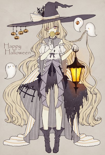 Anime picture 1100x1620 with original akakura single tall image looking at viewer fringe simple background blonde hair standing purple eyes holding full body very long hair hair over one eye inscription grey background halloween ghost happy halloween checkerboard cookie
