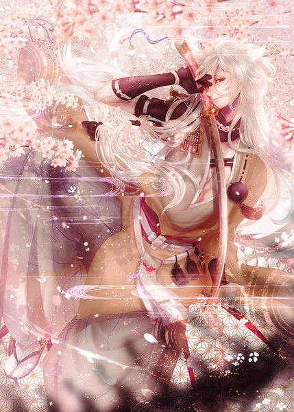 Anime picture 1787x2500 with touken ranbu nitroplus kogitsunemaru single long hair tall image highres smile red eyes holding white hair traditional clothes japanese clothes lips cherry blossoms boy gloves flower (flowers) weapon plant (plants)