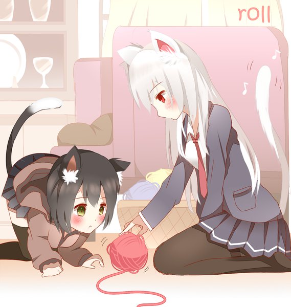 Anime picture 1500x1580 with original non (wednesday-classic) tall image blush fringe short hair black hair hair between eyes red eyes sitting multiple girls green eyes animal ears white hair indoors tail animal tail profile pleated skirt cat ears