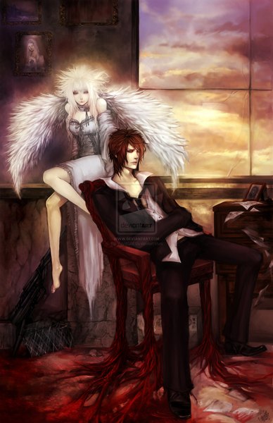 Anime picture 1280x1978 with vusc (artist) tall image red eyes sitting white hair red hair barefoot open clothes grey eyes open shirt couple evening sunset open collar angel wings angel girl boy shirt wings