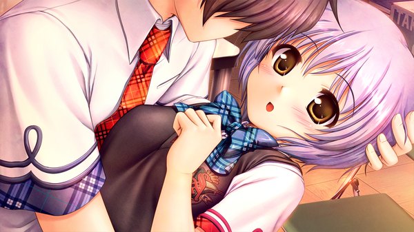 Anime picture 1280x720 with daitoshokan no hitsujikai kakei kyoutarou misono senri blush short hair wide image yellow eyes game cg purple hair couple girl boy uniform school uniform necktie cardigan