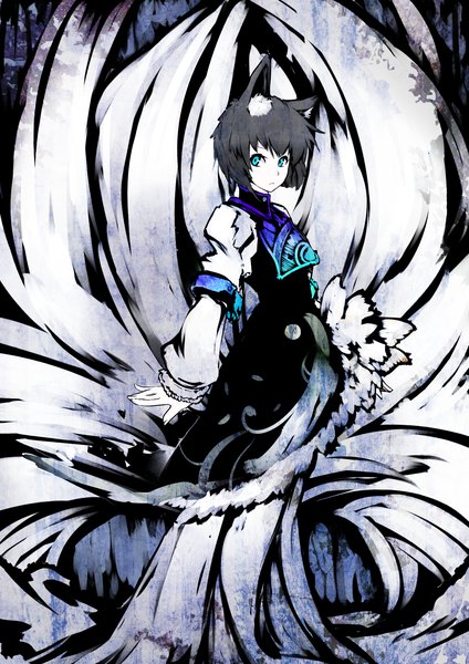 Anime picture 1377x1949 with touhou yakumo ran kusakanmuri single tall image looking at viewer fringe short hair standing animal ears full body tail long sleeves animal tail aqua eyes grey hair fox ears fox tail monochrome multiple tails