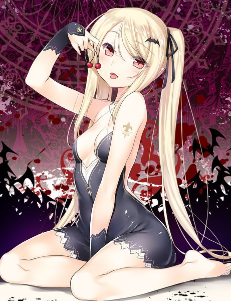 Anime picture 922x1200 with original 47agdragon single tall image looking at viewer blush fringe breasts open mouth light erotic blonde hair hair between eyes red eyes sitting twintails bare shoulders holding very long hair barefoot arm up