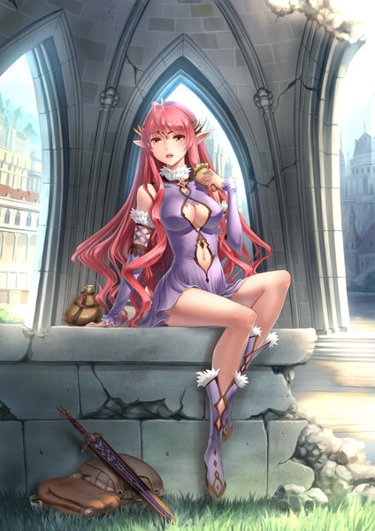 Anime picture 1414x2000 with original youbou single long hair tall image light erotic sitting pink hair pink eyes pointy ears girl dress navel weapon sword