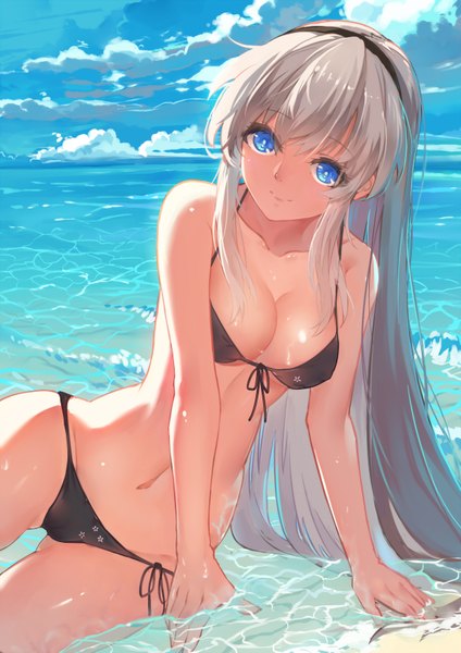 Anime picture 1240x1753 with clannad key (studio) sakagami tomoyo baisi shaonian single long hair tall image looking at viewer breasts blue eyes light erotic sky cloud (clouds) white hair groin ass visible through thighs girl navel swimsuit bikini