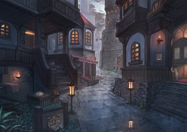 Anime picture 1158x818 with original puyoakira city no people scenic village plant (plants) window building (buildings) lantern stairs box lamppost torch