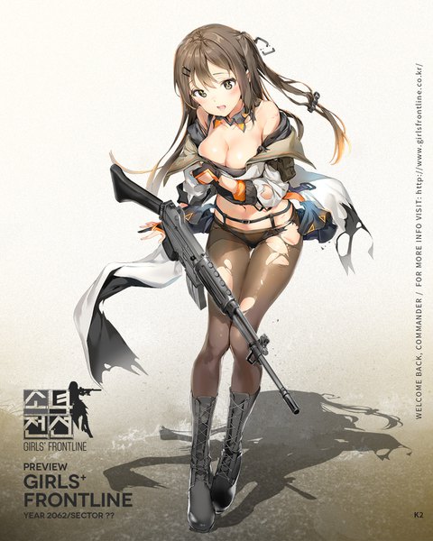 Anime picture 1200x1500 with girls frontline k-2 (girls frontline) anmi single long hair tall image blush fringe breasts open mouth light erotic simple background hair between eyes brown hair large breasts standing bare shoulders brown eyes full body long sleeves