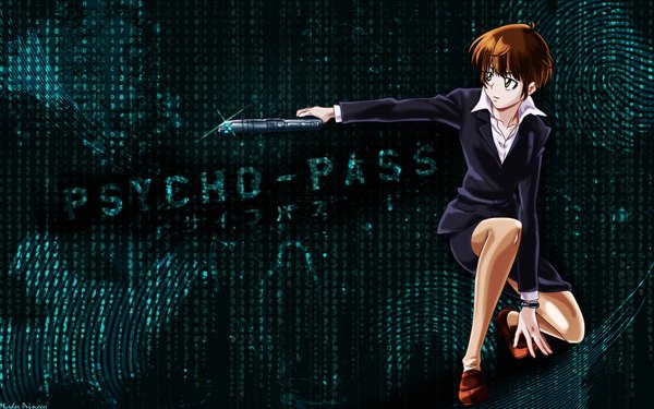 Anime picture 1920x1200 with psycho-pass production i.g tsunemori akane single highres short hair brown hair wide image brown eyes looking away girl weapon gun