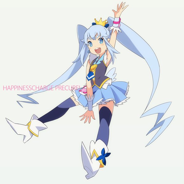 Anime picture 1058x1062 with precure happinesscharge precure! toei animation shirayuki hime cure princess hajime (hajime-ill-1st) single tall image blush fringe open mouth blue eyes simple background twintails payot blue hair looking away very long hair :d grey background