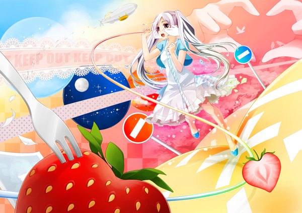 Anime picture 1754x1240 with original ahira yuzu long hair highres open mouth twintails brown eyes grey hair girl dress food berry (berries) strawberry fork traffic sign