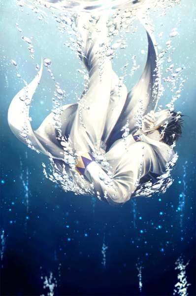 Anime picture 2650x3990 with jojo no kimyou na bouken kujo jotaro alo (m-o-k-e-k-e) single tall image highres short hair black hair eyes closed profile hand on head underwater hand in pocket legs up boy hat water bubble (bubbles)