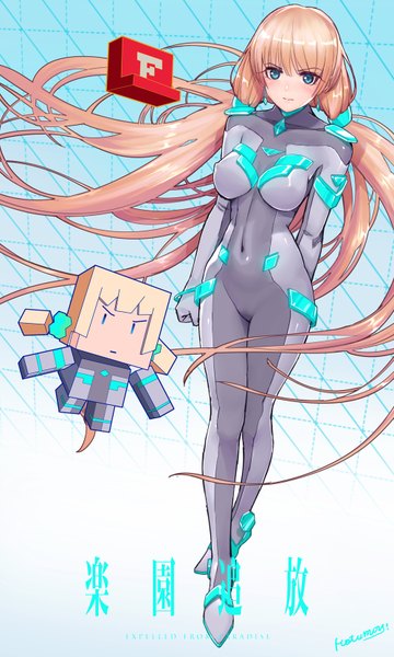 Anime picture 1000x1664 with expelled from paradise angela balzac hotumoyi single tall image looking at viewer blush fringe breasts blue eyes light erotic standing twintails signed very long hair wind orange hair inscription embarrassed crossed legs