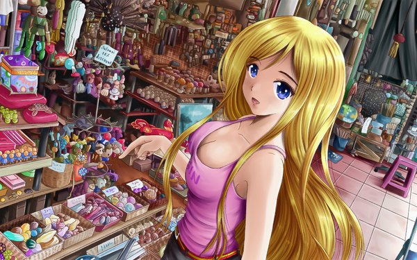 Anime picture 1680x1050 with original ilolamai single long hair breasts open mouth blue eyes blonde hair wide image large breasts standing price girl umbrella toy stuffed animal candy doll (dolls) shop