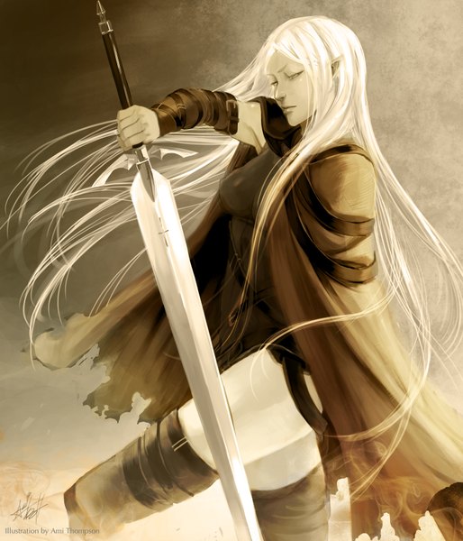 Anime picture 3000x3500 with claymore madhouse irene ami thompson single long hair tall image highres simple background absurdres white hair pointy ears torn clothes girl thighhighs weapon detached sleeves sword cloak