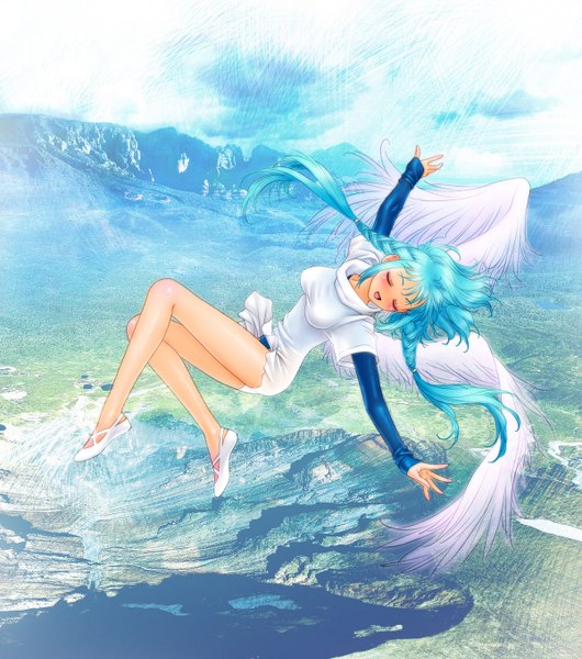 Anime picture 1200x1356 with original toshiki yui long hair tall image open mouth sky cloud (clouds) braid (braids) eyes closed light smile aqua hair twin braids spread arms mountain flying angel wings lake panorama girl dress