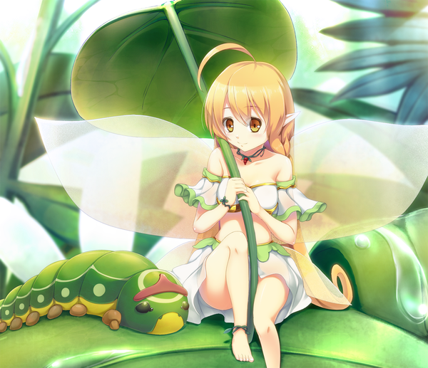 Anime picture 1200x1034 with original soranopin long hair blonde hair sitting bare shoulders yellow eyes ahoge barefoot pointy ears girl wings leaf (leaves) insect