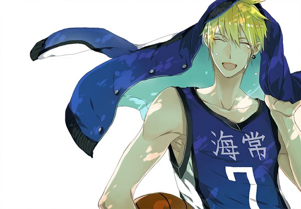 Anime picture 1000x694 with kuroko no basket production i.g kise ryouta niso single short hair open mouth blonde hair simple background smile white background eyes closed basketball boy uniform earrings gym uniform ball basketball ball basketball uniform
