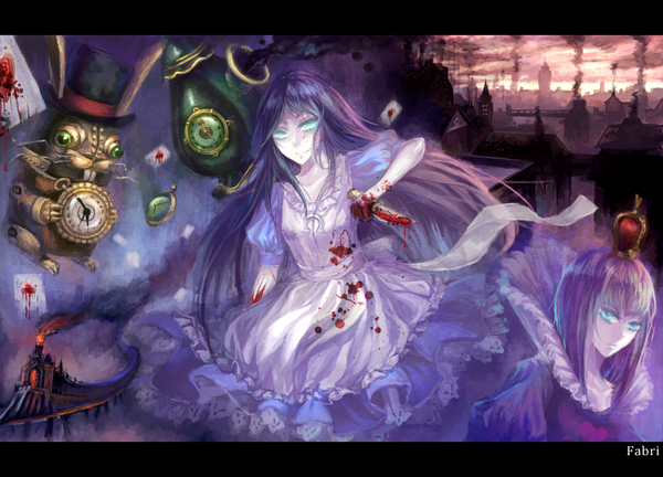 Anime picture 1000x720 with american mcgee's alice (game) alice: madness returns alice (american mcgee's) queen of hearts fabri long hair looking at viewer smile multiple girls purple hair aqua eyes smoke girl dress hair ornament 2 girls white dress building (buildings) blood knife