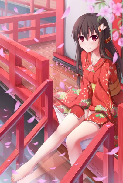 Anime picture 1181x1748 with original nicoby single long hair tall image blush fringe black hair smile red eyes bent knee (knees) traditional clothes japanese clothes barefoot bare legs no shoes cherry blossoms reflection girl hair ornament
