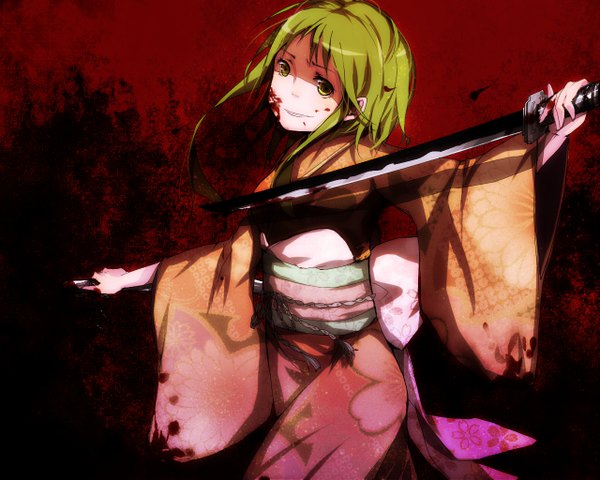 Anime picture 1280x1024 with vocaloid gumi zuoweisaib (pixiv) single short hair green eyes japanese clothes green hair red background girl sword kimono blood
