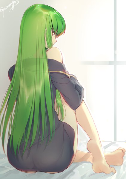Anime picture 600x853 with code geass sunrise (studio) c.c. creayus single long hair tall image looking at viewer fringe light erotic sitting bare shoulders signed full body bent knee (knees) ass indoors profile looking back barefoot