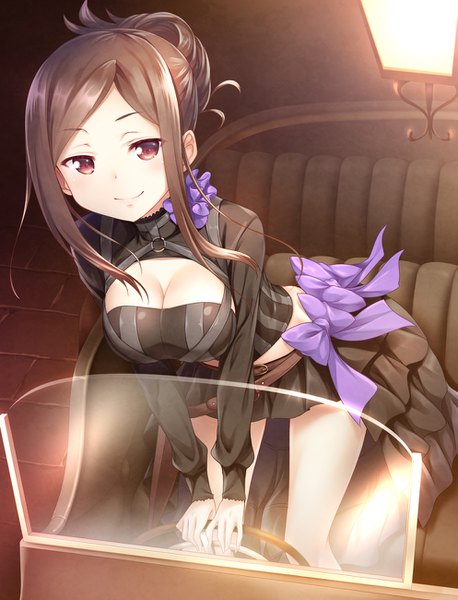 Anime picture 993x1300 with princess principal dorothy (princess principal) yuurei yashiki single long hair tall image looking at viewer breasts light erotic smile brown hair large breasts brown eyes payot cleavage leaning leaning forward car interior girl bow