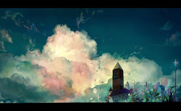 Anime picture 1250x767 with sarnath wide image sky cloud (clouds) landscape scenic flower (flowers) plant (plants) building (buildings) grass cross