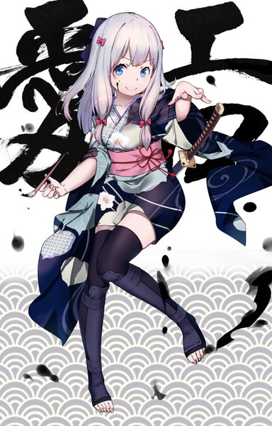 Anime picture 2244x3507 with eromanga sensei a-1 pictures izumi sagiri virtu.al toki single long hair tall image looking at viewer fringe highres blue eyes smile silver hair full body traditional clothes japanese clothes wide sleeves zettai ryouiki floral print