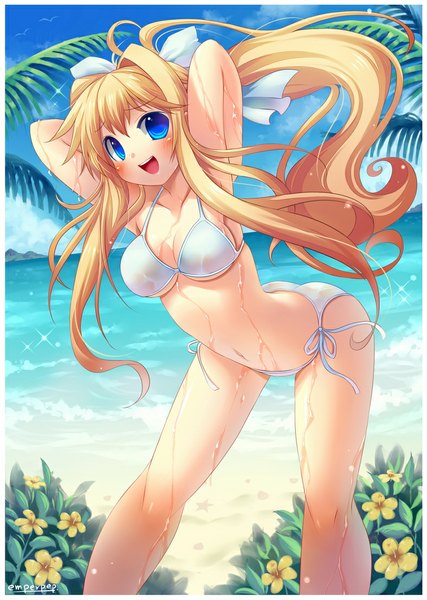 Anime picture 787x1105 with air key (studio) kamio misuzu emperpep single long hair tall image blush open mouth blue eyes light erotic blonde hair smile sky cloud (clouds) ponytail armpit (armpits) wet beach mountain