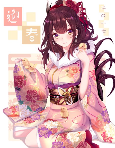 Anime picture 750x960 with original haruka natsuki single long hair tall image blush fringe brown hair sitting purple eyes traditional clothes japanese clothes fur trim floral print multicolored eyes seiza 2017 girl earrings kimono