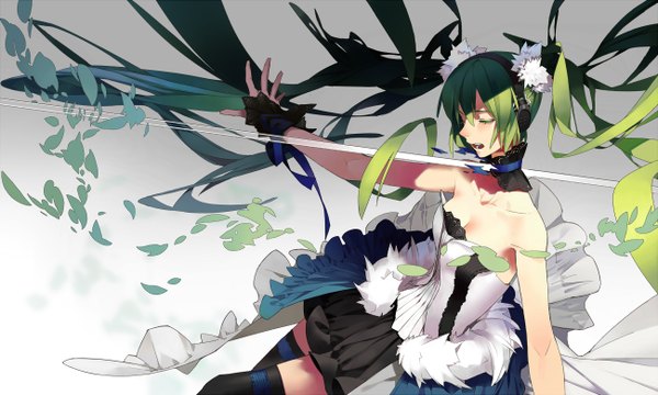 Anime picture 2600x1560 with 7th dragon 2020 vocaloid hatsune miku b.z (balamezilchbz) fringe highres breasts open mouth simple background wide image twintails bare shoulders cleavage very long hair head tilt green hair zettai ryouiki gradient background outstretched arm singing